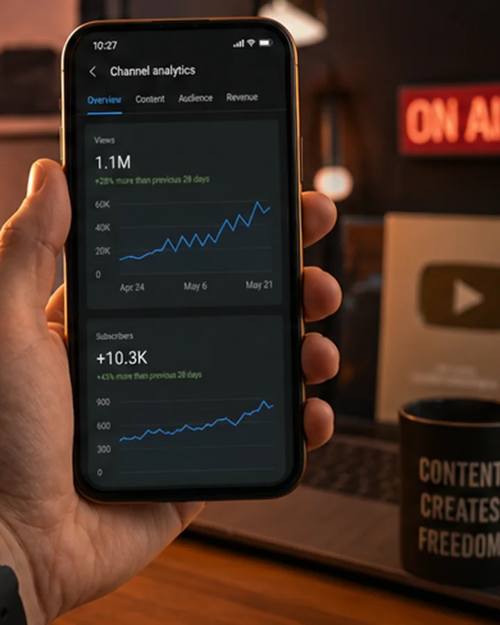 Premium creator lifestyle setup with growth dashboard