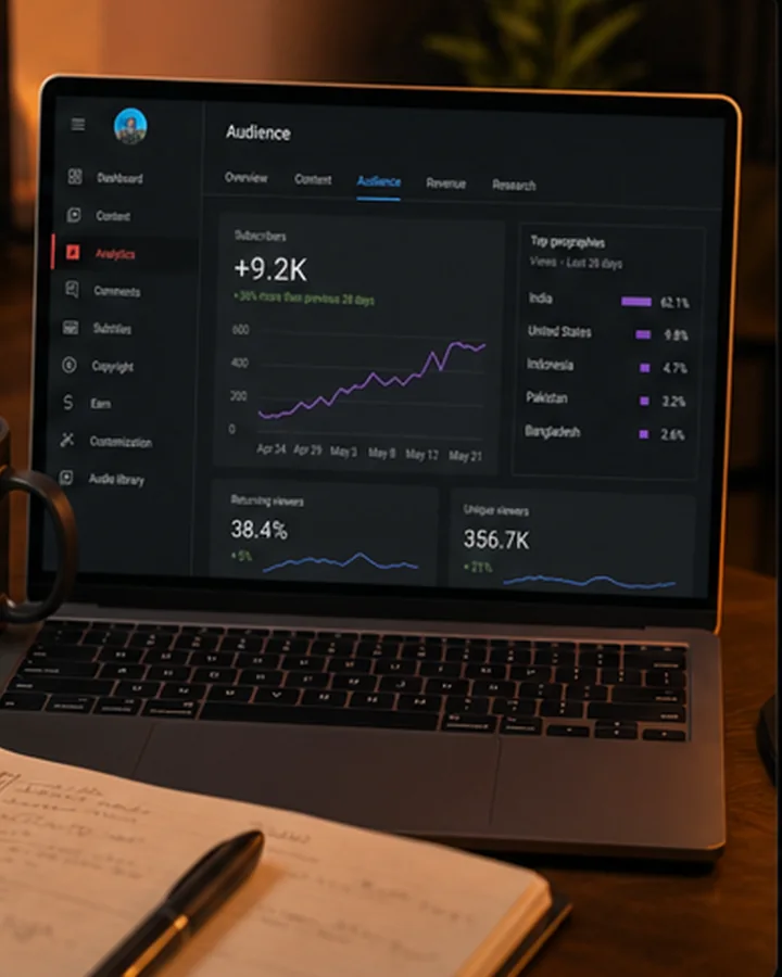 Modern desk with analytics dashboard screen