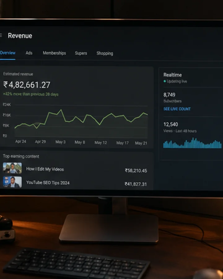 Creator holding mobile with channel growth analytics