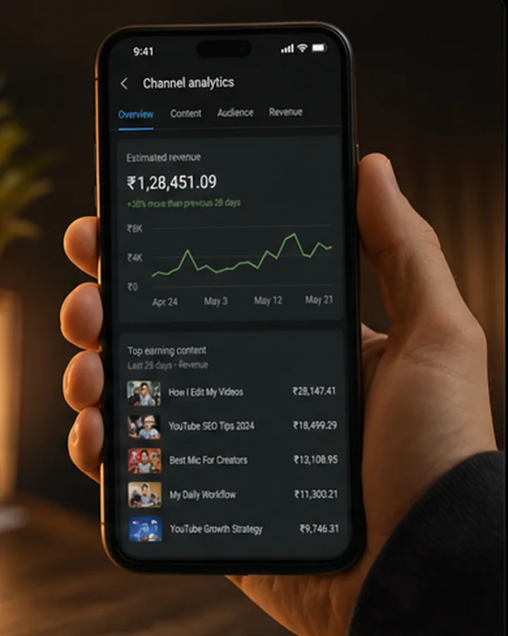 Phone showing YouTube Studio earnings dashboard