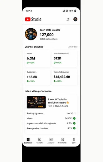 Mobile YouTube Studio analytics proof